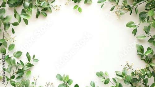 Illustration of lush green branches with golden accents framing a light background for greeting card design. No people. No logo.