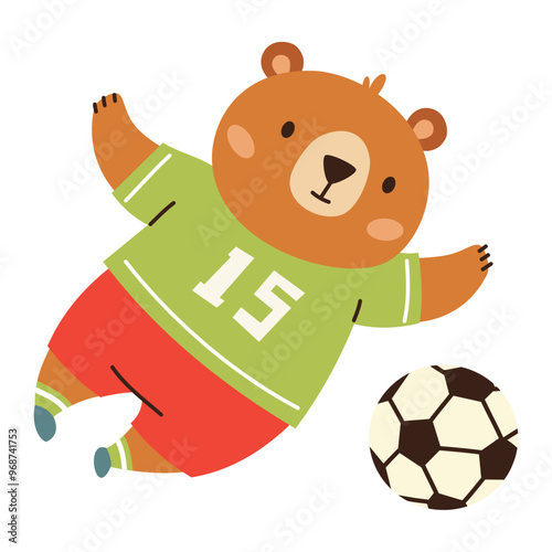 Flat vector illustration in children's style. Cute bear cub in soccer uniform playing soccer. Vector illustration
