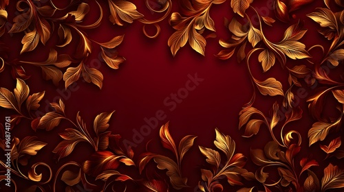 Wallpaper Mural Elaborate golden curls and swirl motifs, intricately designed on a deep burgundy background, modern luxury, metallic reflections, rich contrast, seamless pattern. Torontodigital.ca