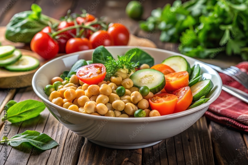 A composition of chickpeas, leafy greens, cucumber slices, cherry tomatoes, and carrots in a shallow, white bowl, with a blurred background. A composition of chickpeas, leafy greens, cucumber slices, cherry tomatoes, and carrots in a shallow, white bowl, with a blurred background.