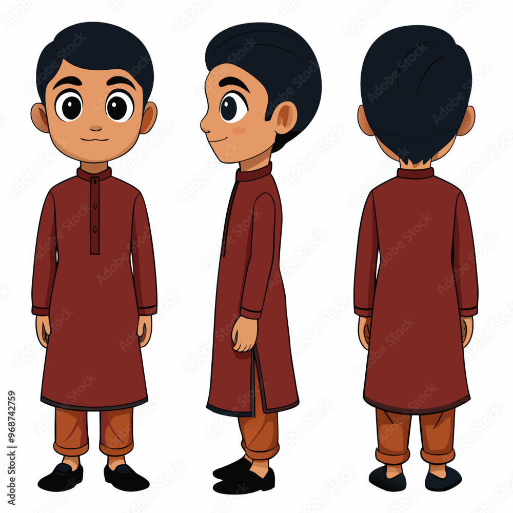 Asian Indian Pakistan Arab 2D Beard Kid Character Front View, Side, Back View Wear Shalwar Kameez Asian Indian Pakistan Arab 2D Beard Kid Character Front View, Side, Back View Wear Shalwar Kameez