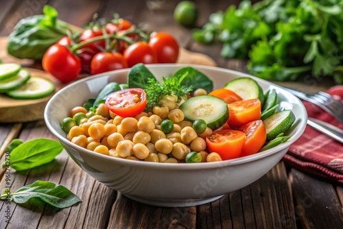 A composition of chickpeas, leafy greens, cucumber slices, cherry tomatoes, and carrots in a shallow, white bowl, with a blurred background.