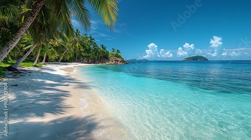 Photorealistic image of a tropical beach with crystalclear waters and soft white sand framed by palm trees swaying gently in the wind with a distant island visible on the horizon photo