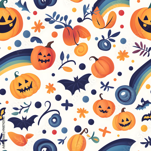 Halloween style wallpaper amber background, seamless pattern with halloween elements
