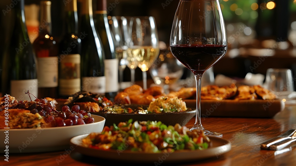 Rich reds and golds envelop a selection of wines and gourmet tapas plates Rich reds and golds envelop a selection of wines and gourmet tapas plates