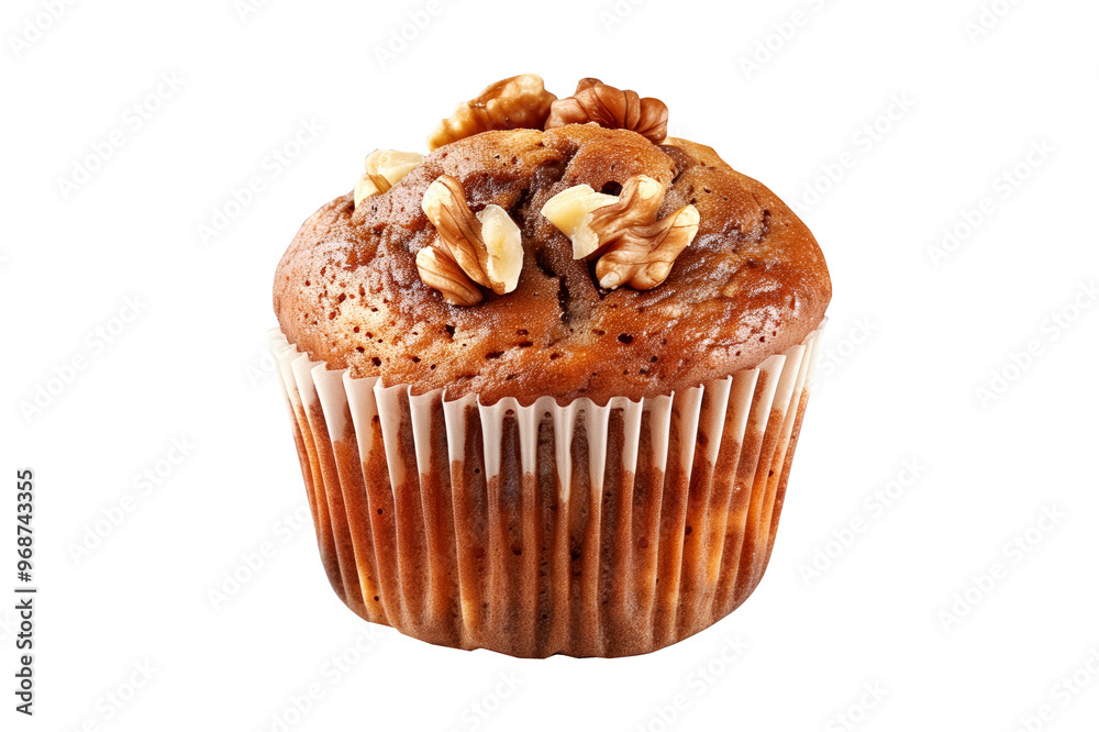 Walnut muffin or banana nut cupcake topped with crunchy nuts pieces isolated on white transparent background Walnut muffin or banana nut cupcake topped with crunchy nuts pieces isolated on white transparent background