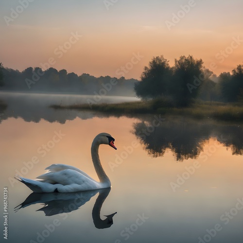 Reflection of a swan on a perfectly calm lake with a faded horizon