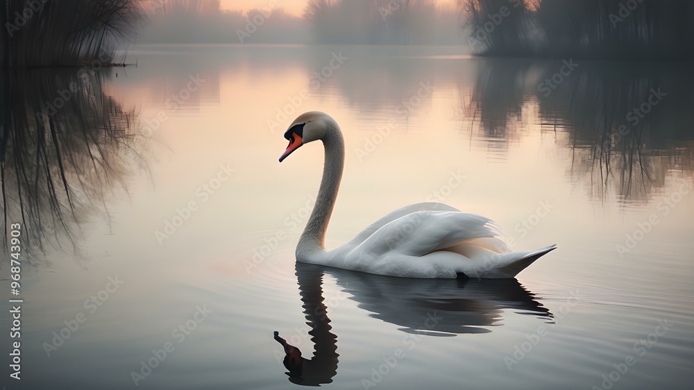 Fototapeta premium Reflection of a swan on a perfectly calm lake with a faded horizon