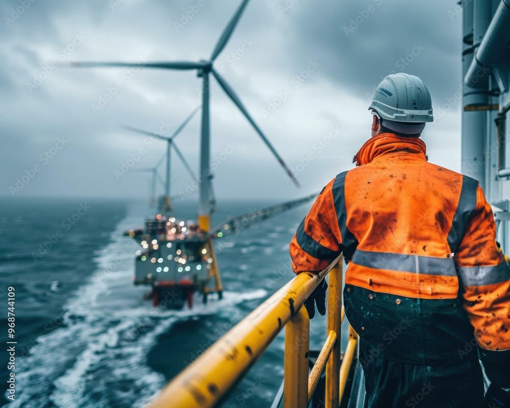A worker on an offshore platform looks out at wind turbines. AI. A worker on an offshore platform looks out at wind turbines. AI.
