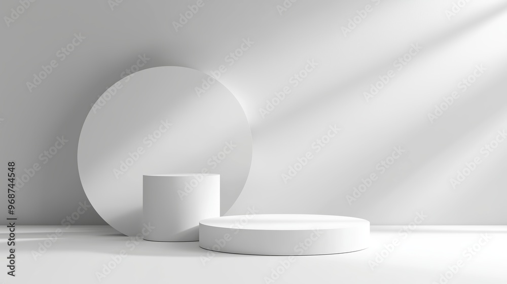 Minimalist display with geometric shapes and soft lighting in a modern white setting Minimalist display with geometric shapes and soft lighting in a modern white setting