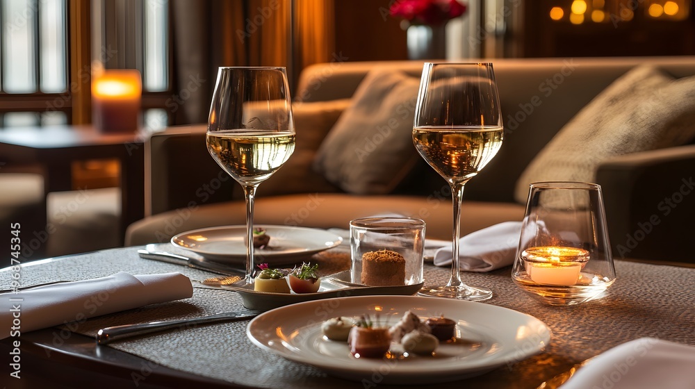 A luxurious table setting with wine glasses and small plates in a cozy lounge A luxurious table setting with wine glasses and small plates in a cozy lounge