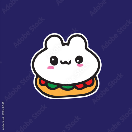 Cute burger with patty bunny tasty character sticker cartoon simple in dark background high quality vector for kids book children print