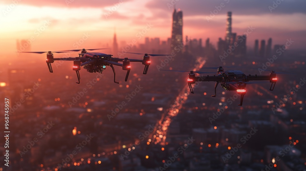AI-powered drone fleet patrolling a high-tech city for public safety: Drones flying over city streets, ensuring security. AI-powered drone fleet patrolling a high-tech city for public safety: Drones flying over city streets, ensuring security.