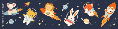 A collection of flat vector illustrations in children's style. Cute animals flying in spacesuits and on a rocket. Lion mouse bunny koala fox bear cub. Vector illustration
