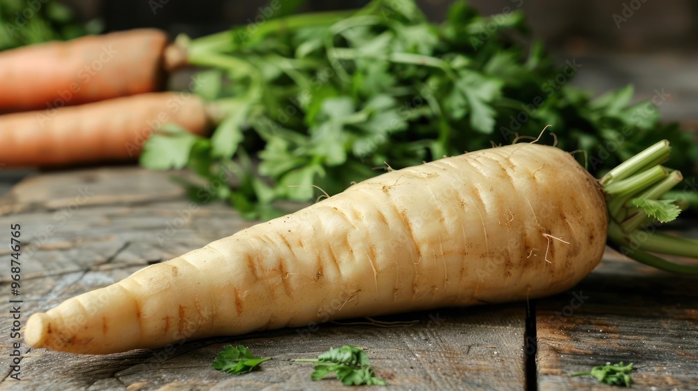 Two whole root carrots lying on top of each other with leaves attached, Two whole root carrots lying on top of each other with leaves attached,