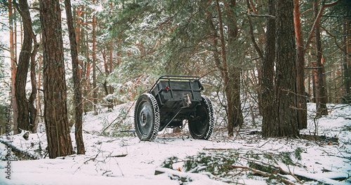 Abandoned German Infantry Cart Or Handcart Infanteriekarren If8 Of World War Ww Ii On Forest Ground. German Military Ammunition. Armed Forces Of Germany Of World War Ii. Vintage Handcart German Army photo