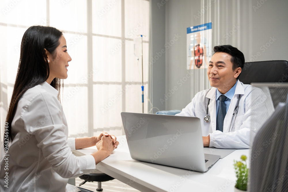 Asian beautiful woman visit and consult health problem with doctor. Asian beautiful woman visit and consult health problem with doctor.