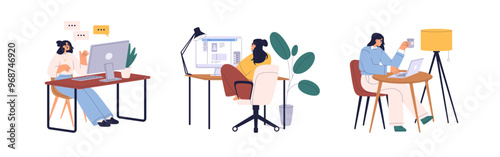 Business women work at computer desks set. Female entrepreneur, office worker, freelancer at laptop, PC, workspace, online workplace with table. Flat vector illustrations isolated on white background