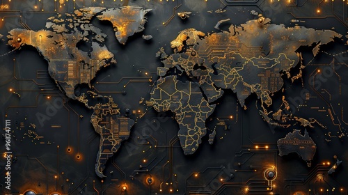 Fototapeta Naklejka Na Ścianę i Meble -  a black and gold world map on top of an electronic