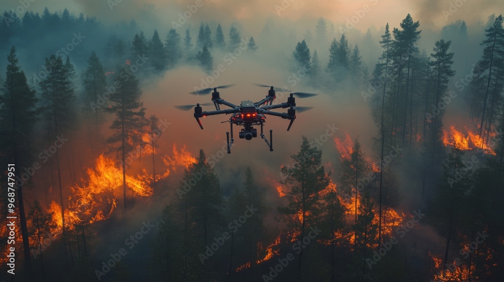 AI-driven aerial surveillance drones monitoring for forest fires in remote areas: Drones collecting data from forests to detect and prevent wildfires. AI-driven aerial surveillance drones monitoring for forest fires in remote areas: Drones collecting data from forests to detect and prevent wildfires.
