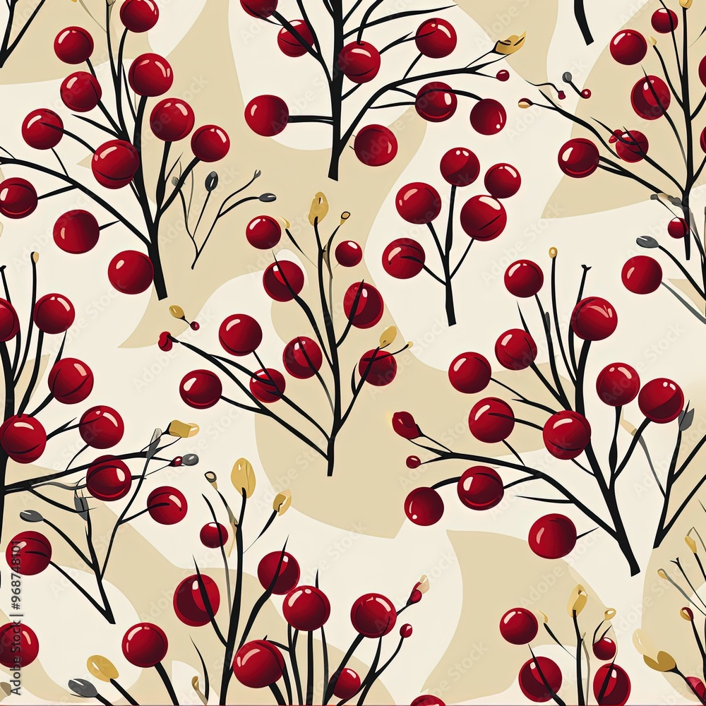 Stylish and Fresh Seamless Design with Cranberries and Leaves in Modern Style Stylish and Fresh Seamless Design with Cranberries and Leaves in Modern Style
