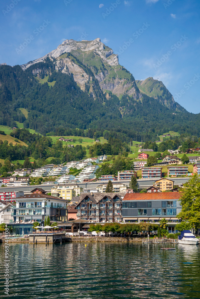 Mount Pilatus towering over Lucerne on a beautiful summer day. Lucerne, Switzerland, 19 Aug 2022 Mount Pilatus towering over Lucerne on a beautiful summer day. Lucerne, Switzerland, 19 Aug 2022