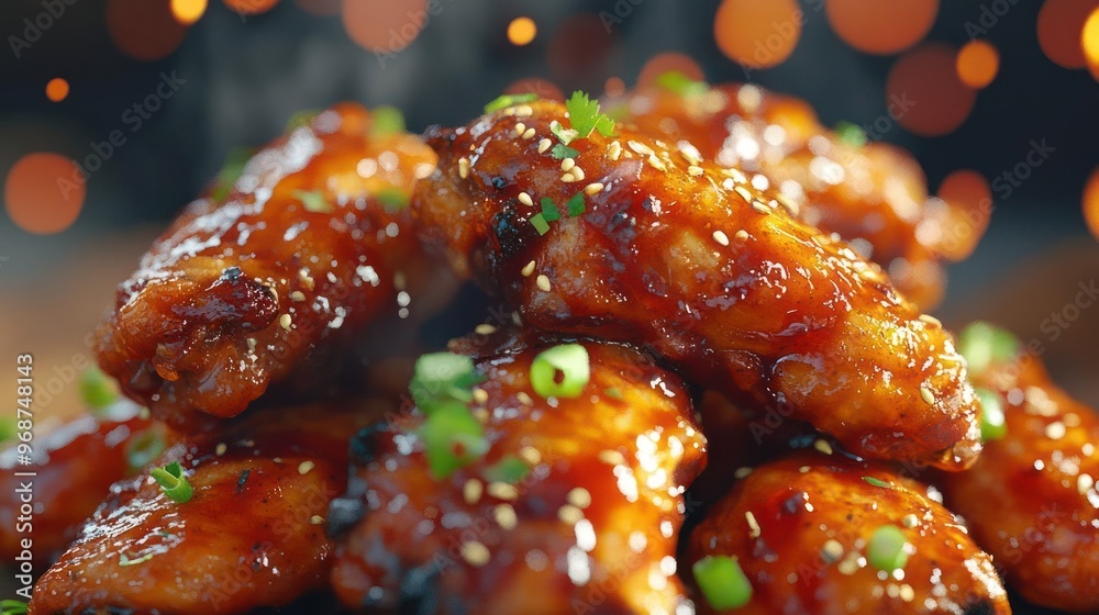 A tempting dish of glazed, grilled chicken wings on a wooden surface with green garnishes. A tempting dish of glazed, grilled chicken wings on a wooden surface with green garnishes.