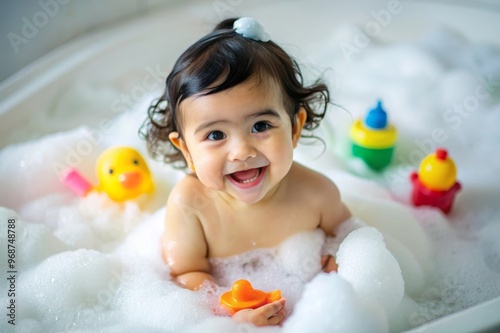 Portrait of a smiling little toddler in the bath, taking a bath with foam, toys and bubbles