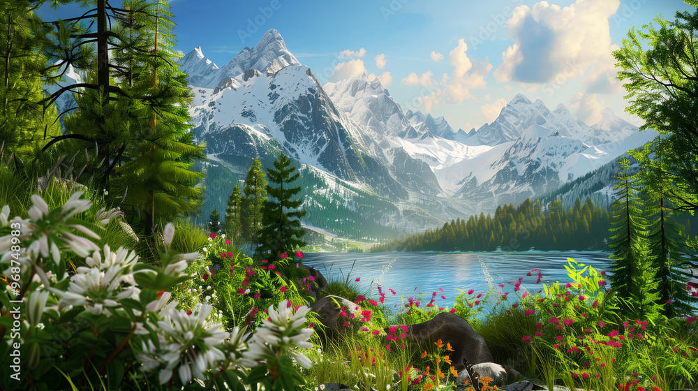 Fototapeta premium Alpine Landscape with Towering Snow-Capped Peaks, Serene Lake at the Base, Vibrant Wildflowers in the Foreground, and Dense Pine Forests, Photorealistic 8K
