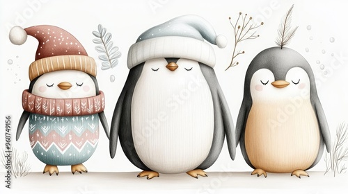 A cartoon penguin family in festive sweaters, engaging in a snowball fight amid a snowy landscape, creating a humorous Christmas greeting card.