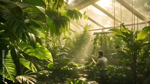 Man Relaxing in a Lush Greenhouse
