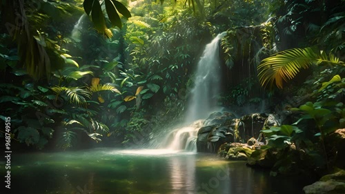 Waterfall in Lush Tropical Rainforest