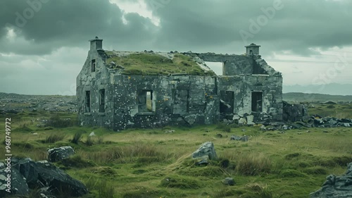 Ruined Stone House in a Green Field