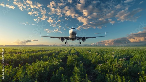 A commercial airplane flying over green. Plane fly up over take-off runway from airport