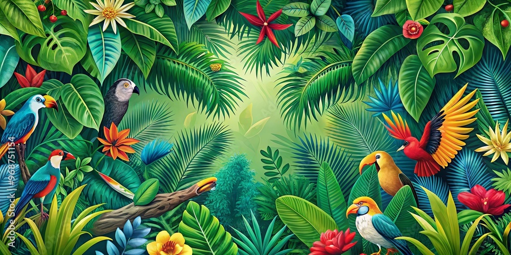 Vibrant tropical pattern of jungle vegetation and exotic fauna Vibrant tropical pattern of jungle vegetation and exotic fauna