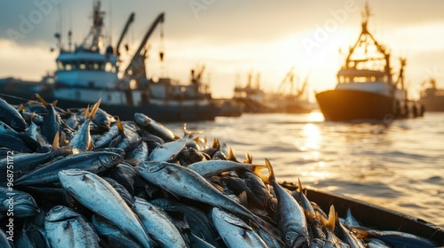 Consequences of overfishing on aquatic species dramatic drop in fish numbers with busy fishing vessels in the background stark environmental change