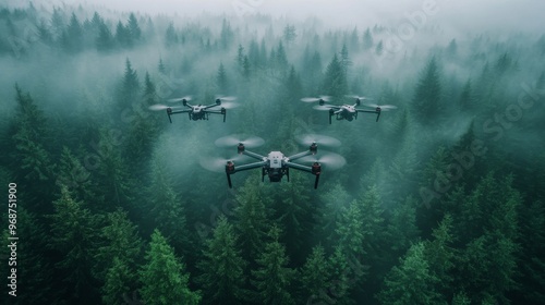 AI-powered environmental drones analyzing pollution levels: Drones collecting data over a forest to monitor air and water quality.