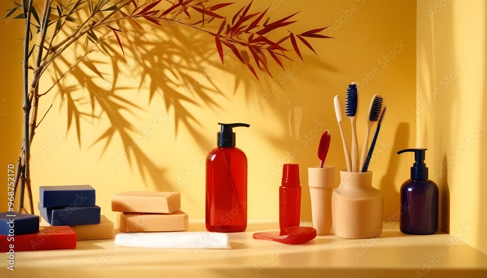 Eco toothbrushes. Bamboo toothbrushes cup, natural soap, plastic free ear sticks, wooden hair brush and white towels on gray stone background Eco toothbrushes. Bamboo toothbrushes cup, natural soap, plastic free ear sticks, wooden hair brush and white towels on gray stone background