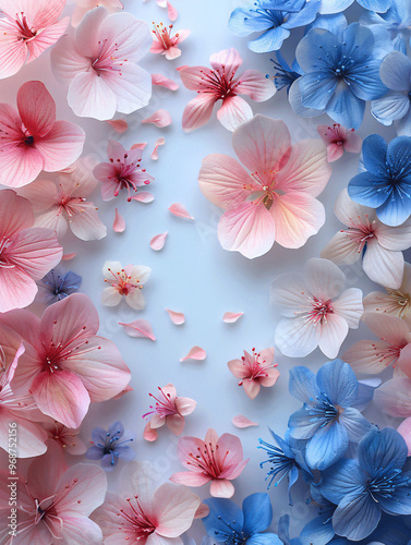 A beautiful arrangement of pink and blue flowers scattered across a soft background, creating an enchanting floral display.