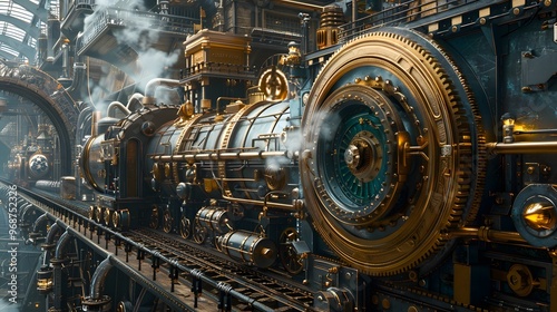 a complex steampunk machine or vehicle in 3D, with gears, pipes, and intricate details, set in a Victorian-inspired setting