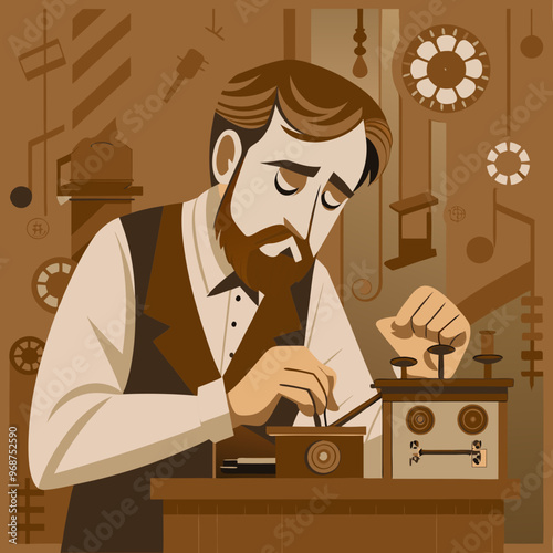 Inventor's Moment: Capturing the essence of innovation, a detailed illustration showcases a focused inventor meticulously working with vintage technology.
