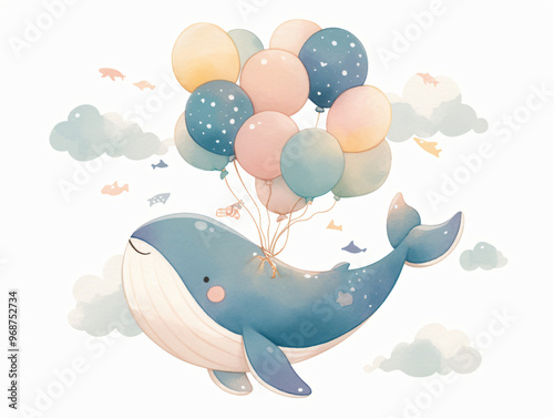 A whimsical illustration of a blue whale soaring through the sky, carrying colorful balloons, surrounded by fluffy clouds.