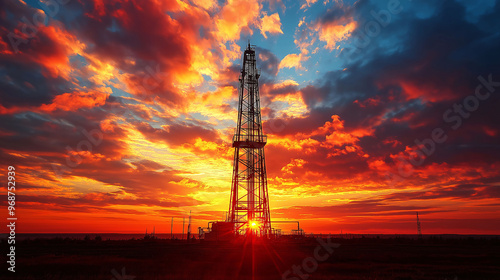 Oil Rig Silhouette at Sunset with Dramatic Sky