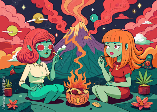 Vivid Gathering: Two women in an artistic illustration partake in a relaxing ritual, set against a surreal backdrop of a volcano and swirling skies.