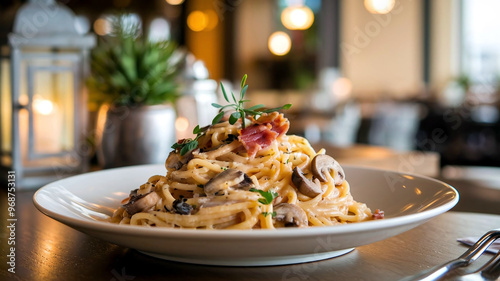 A flavorful plate of creamy chicken spaghetti carbonara topped with mushrooms and Parmesan cheese, served in a cozy restaurant ambiance. 