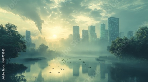 AI-powered environmental monitoring system preventing pollution in futuristic cities: A city where AI manages and reduces pollution levels. #968753360