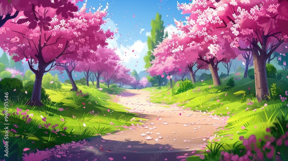 Fototapeta premium An idyllic scene with a path winding between cherry blossom trees, the petals forming a pink carpet underfoot, as sunlight streams through the canopy on a clear day.