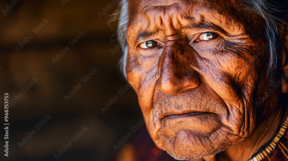 Close-up portrait of an elderly indigenous man with a weathered face and piercing gaze. Close-up portrait of an elderly indigenous man with a weathered face and piercing gaze.