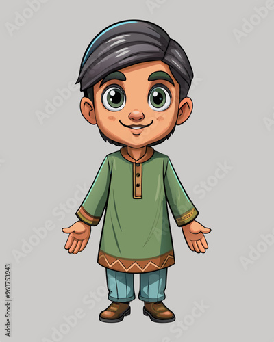 Cartoon Illustration of a Smiling Boy in Traditional Pakistani Attire - Green Kurta and Blue Sleeves T- Pose Front View For RIgging