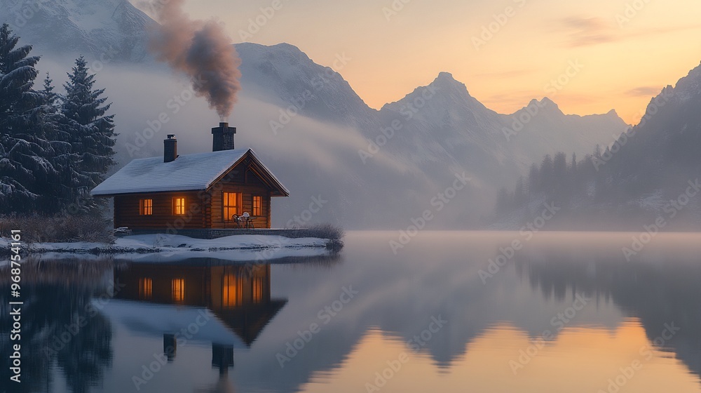 Photorealistic image of a mountain cabin by a calm lake at sunrise with smoke rising from the chimney and the reflection of the cabin mirrored in the still water Photorealistic image of a mountain cabin by a calm lake at sunrise with smoke rising from the chimney and the reflection of the cabin mirrored in the still water